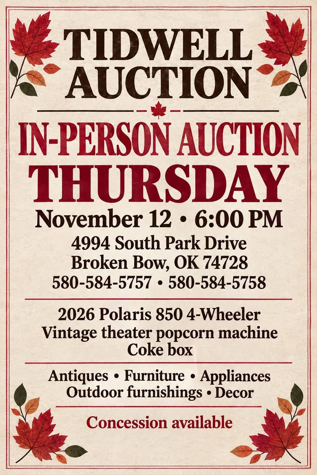 Tidwell Auction In-Person Auction flyer
