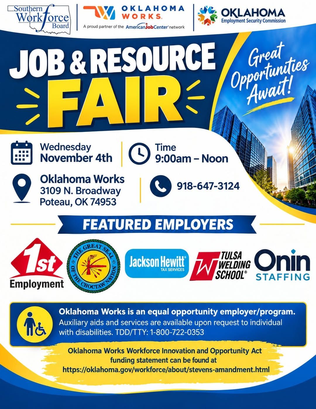 Job & Resource Fair at Oklahoma Works Poteau flyer