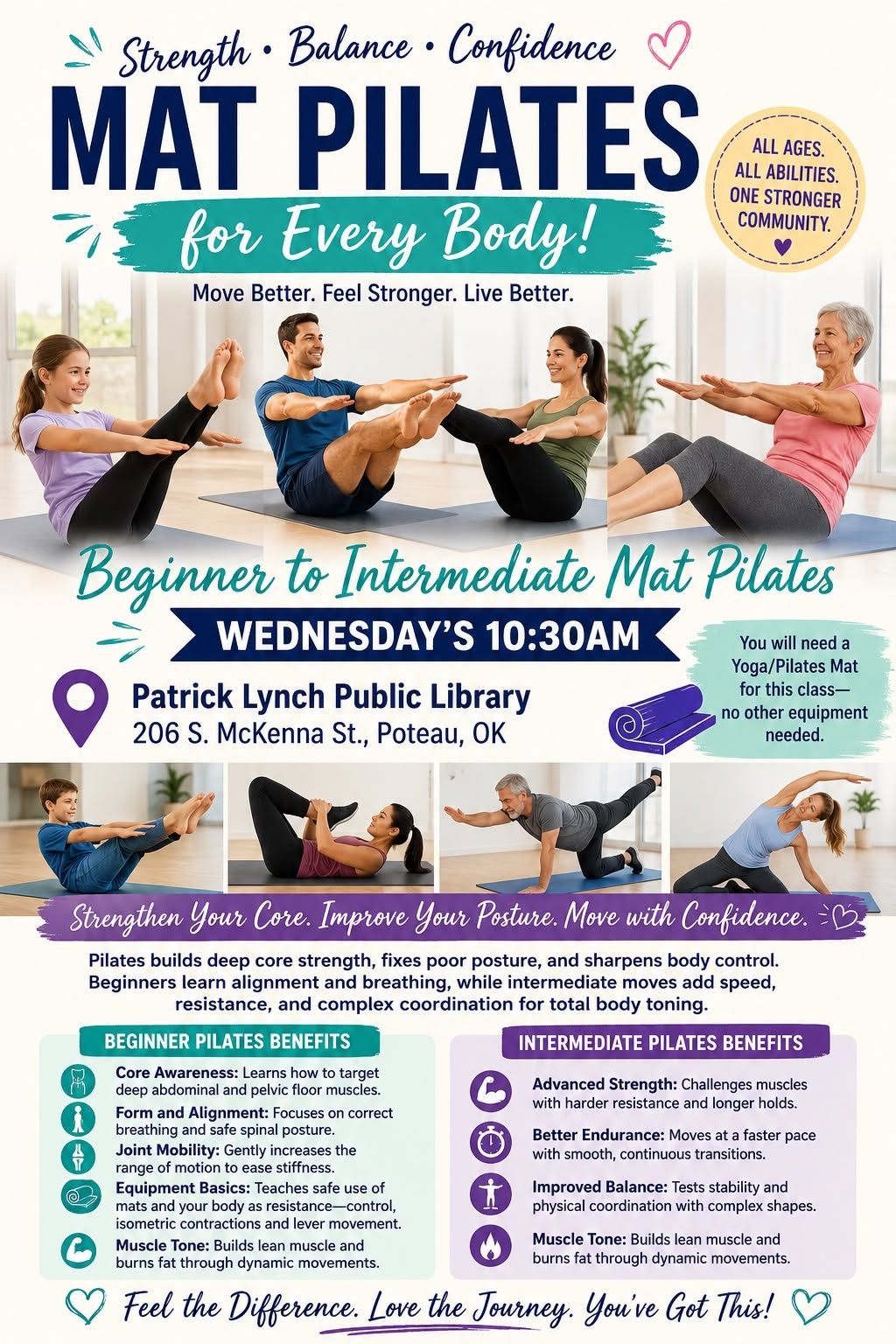 Free Mat Pilates at Patrick Lynch Public Library flyer