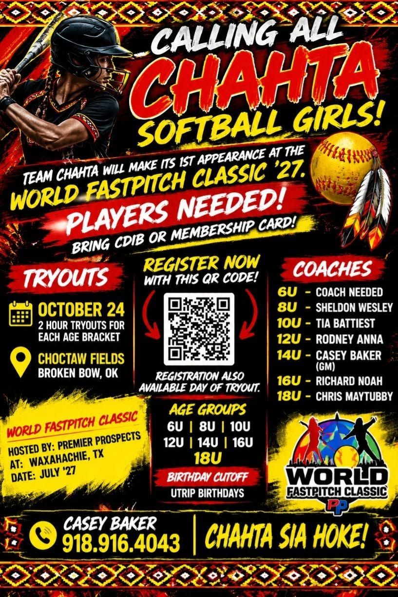 Team Chahta Girls Softball Tryouts flyer